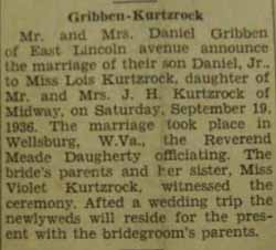 Marriage Notice for Daniel GRIBBEN, Jr. to Lois Kurtzrock, 19 Sep 1936