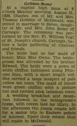Marriage notice for Charles GRIBBIN to Helen Remy, 31 Aug 1936