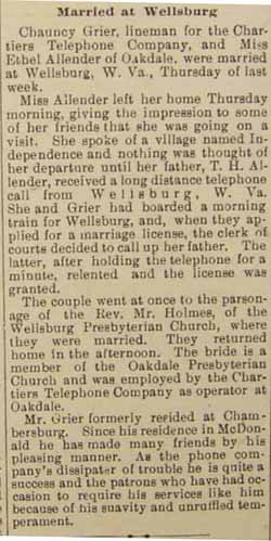 Marriage notice for Chauncy GRIER to Ethel Allender, no date, in 9-11-1908 paper