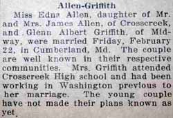 Marriage Notice for Glenn Albert GRIFFITH to Edna Allen, 22 Feb 1929