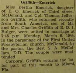 Marriage Notice for Thomas Jefferson GRIFFITH to Bertha Emerick, 6 Mar 1944