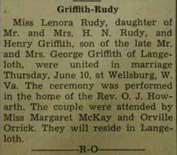 Marriage Notice for Henry GRIFFITH to Lenora Rudy, 10 Jun 1937