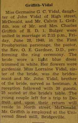 Marriage Notice for Calvin L. GRIFFITH to Germaine G. C. Vidal, 28 Jun 1940
