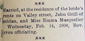 Marriage Notice for John GRILL to Emma MASQUELIER, Weds., Feb. 14, 1906