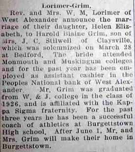 Marriage Notice for Harold Blaine GRIM to Helen Elizabeth Lorimer, 28 Mar 1929