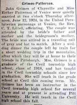 Marriage Notice for John GRIMES to Esther Patterson, 12 Jun 1924