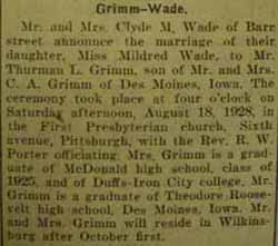Marriage Notice for Thurman L. GRIMM to Mildred Wade, 18 Aug 1928