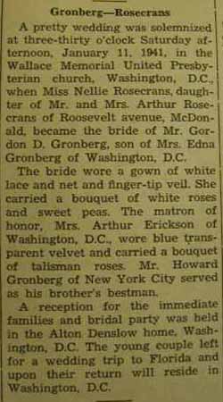 Marriage Notice for Gordon D. GRONBERG to Nellie Rosecrans, 11 Jan 1941