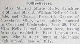 Marriage Notice for Charles Frederick GROSSE to Mildred Marie Kelly, 29 Jun 1921