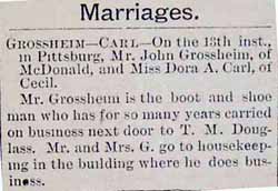 Marriage Notice for John GROSSHEIM to Dora A. Carl, 13 Apr 1893