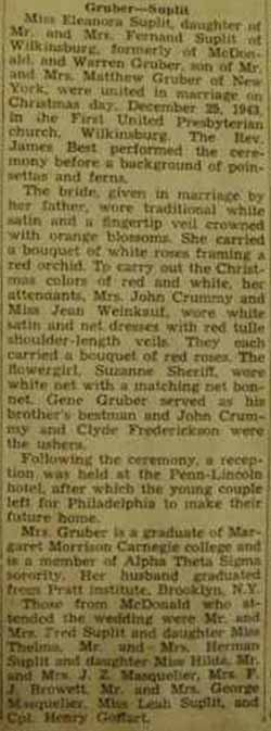 Marriage Notice for Warren GRUBER to Eleanora Suplit, 25 Dec 1943