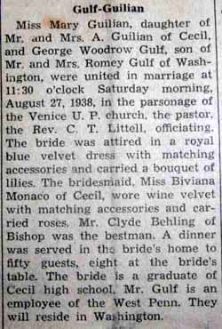 Marriage Notice for George Woodrow GULF to Mary Guilian, 27 Aug 1938