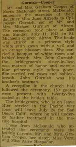 Marriage Notice for Joseph GURNISH to June Alfreda Cooper, 11 Jul 1943