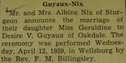 Marriage Notice for Desire V. GUYAUX to Geraldine Nix, 12 Apr 1939
