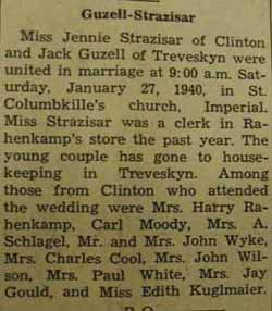 Marriage Notice for Jack GUZELL to Jennie Strazisar, 27 Jan 1940