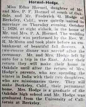 Marriage Notice for Frederick G. HODGE to Edna Hormel, 7 Oct 1926