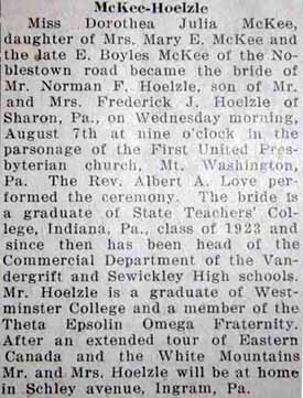 Marriage Notice for Norman F. HOELZLE to Dorothea Julia McKee, 7 Aug 1929