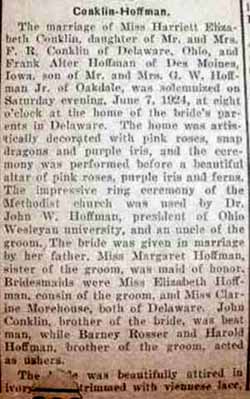 Part 1 Marriage Notice for Frank Alter HOFFMAN to Harriett Elizabeth Conklin, 7 Jun 1924