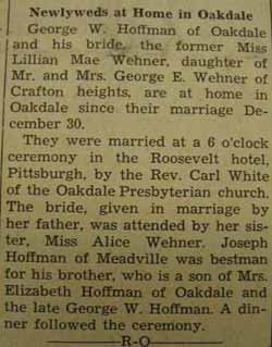 Marriage Notice for George W. HOFFMAN to Lillian Mae Wehner, 30 Dec 1939