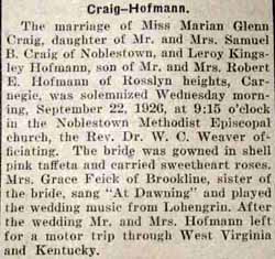 Marriage Notice for Leroy Kingsley HOFMANN to Marian Glenn Craig, 22 Sep 1926
