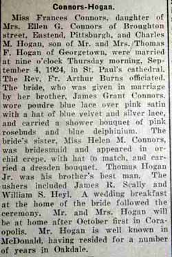 Marriage Notice for  Charles M. HOGAN to Frances Connors, 4 Sep 1924