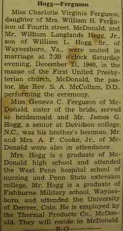 Marriage Notice for William Langlands HOGG, Jr. to Charlotte Virginia Ferguson, 21 Dec 1940