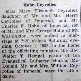 Marriage Notice for Charles F. HOHN to Mary Elizabeth Ceyrolles, 1 Oct 1938