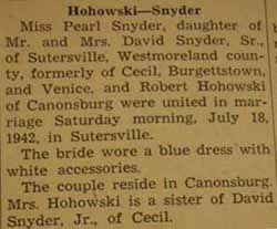 Marriage Notice for Robert HOHOWSKI to Pear Snyder, 18 Jul 1942