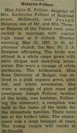 Marriage notice for Joseph HOLAREN to Julia K. Fellner, 31 May 1937
