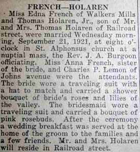 Marriage notice for Thomas HOLAREN, Jr. to Edna French, 21 Sep 1921