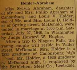 Marriage Notice for Louis V. HOLDER to Sylvia Abraham, 27 Jul 1940