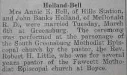 Marriage notice for John Banks HOLLAND to Mrs. Annie E. Bell, 6 Mar 1923