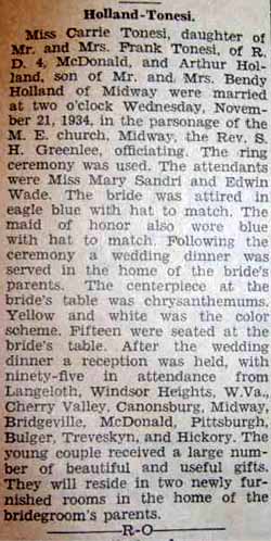 Marriage Notice for Arthur HOLLAND to Carrie Tonesi, 21 Nov 1934