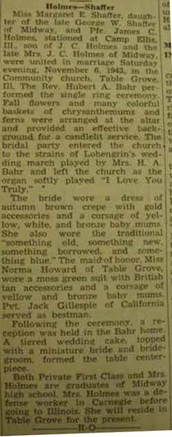 Marriage Notice for James C. HOLMES to Margaret E. Shaffer, 6 Nov 1943