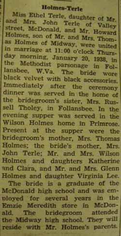 Marriage Notice for 
Howard HOLMES to Ethel Terle, 20 Jan 1938