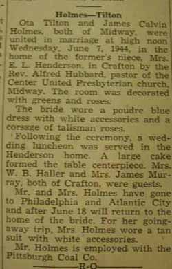 Marriage Notice for 
James Calvin HOLMES to Ota Tilton, 7 Jun 1944