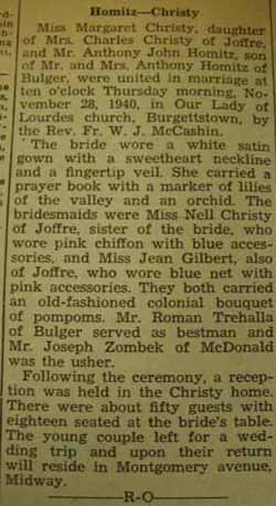 Marriage Notice for Anthony John HOMITZ to Margaret Christy, 28 Nov 1940