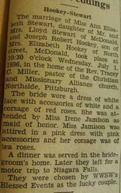 Marriage Notice for Joseph Robert HOOKEY to Ann Elizabeth Stewart, 1 Jul 1936