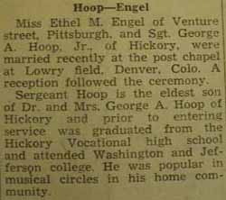 Marriage Notice for 
George A. HOOP, Jr. to Ethel M. Engel, no date, in 1-21-1944 paper