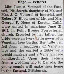 Marriage Notice for Robert F. HOPE to Jean A. Vettorel, 21 Jun 1947