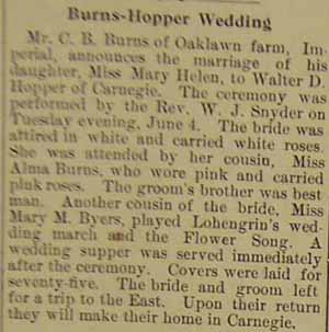 Marriage Notice for Walter D. HOPPER to Mary Helen Burns, 4 Jun 1912