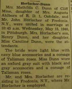 Marriage Notice for 
John HORLACHER to Mrs. Mathilda C. Dunn, 15 May 1940