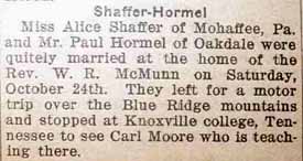Marriage Notice for Paul HORMEL to Alice Shaffer, 24 Oct 1925