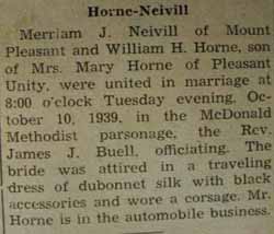 Marriage Notice for 
William H. HORNE to Merriam J. Neivill, 10 Oct 1939