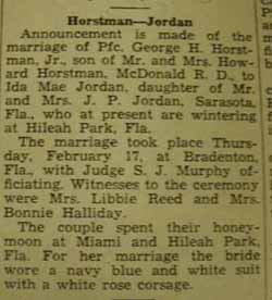 Marriage Notice for George H. HORSTMAN to Ida Mae Jordan, 17 Feb 1944
