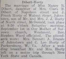 Marriage Notice for J. Frank HORTY to Nancy B. Dibert, 1 Sep 1923