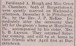 Marriage Notice for Ferdinand A. HOUGH to Grace D. CHAMBERS, Weds, 9 Dec 1914