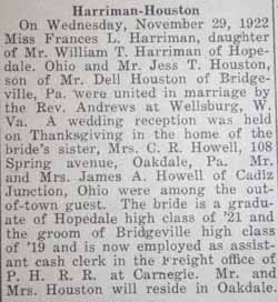 Marriage Notice for Jess T. HOUSTON to Frances L. Harriman, 29 Nov 1922
