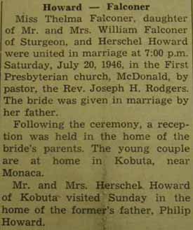 Marriage Notice for Herschel HOWARD to Thelma Falconer, 20 Jul 1946