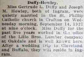 Marriage Notice for Joseph M. HOWLEY to Gertrude L. Duffy, 14 Sep 1927